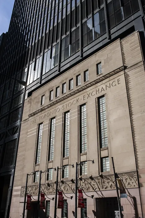 Framed Print : The facade of the Toronto Stock Exchange in sunlight highlighting its architectural details in Toronto
