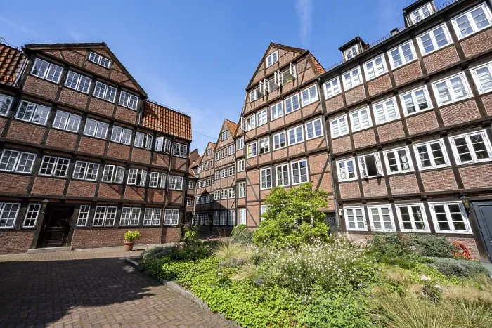 Framed Print : Facades of the historic brick buildings