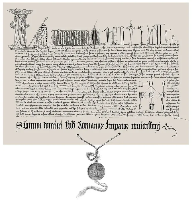 Framed Print : Facsimile of a certificate with the Golden Bull by Louis IV