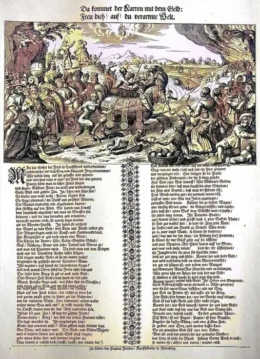 Framed Print : Facsimile of a factual leaflet about the consequences of war and money