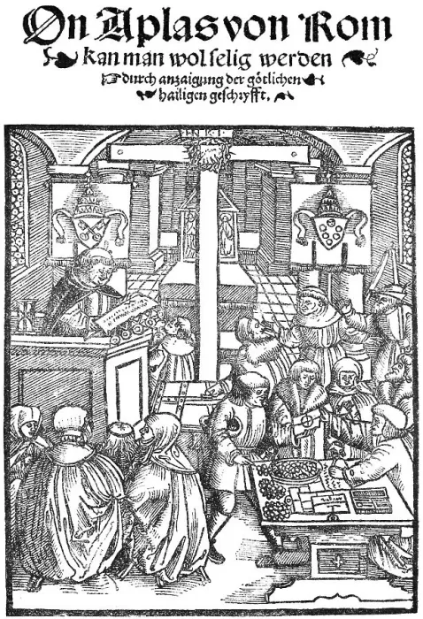 Framed Print : Facsimile, title page of a pamphlet from the early days of the Reformation, depiction of the trade in indulgences from Rome, interior of a church with altar, cross pulpit, many people, hustle and bustle, table full of coins, coat of arms Framed Print : Facsimile, title page of a pamphlet from the early days of the Reformation, depiction of the trade in indulgences from Rome, interior of a church with altar, cross pulpit, many people, hustle and bustle, table full of coins, coat of arms