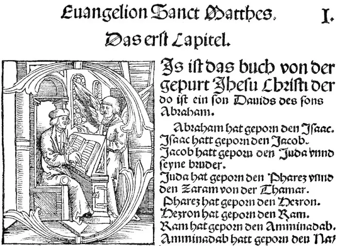 Framed Print : Facsimile, translation by Martin Luther, title, The New Testament of 1522, Gospel of Matthew, Chapter One, Birth of Jesus, historical illustration 1883 Framed Print : Facsimile, translation by Martin Luther, title, The New Testament of 1522, Gospel of Matthew, Chapter One, Birth of Jesus, historical illustration 1883