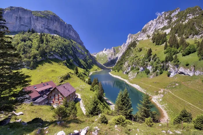 Framed Print : Faehlensee with Bollenwees mountain inn in the Alpstein Framed Print : Faehlensee with Bollenwees mountain inn in the Alpstein