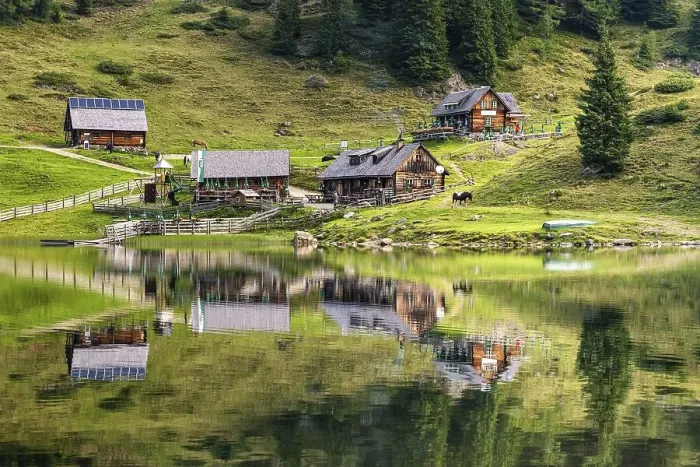 Framed Print : Fahrlechhuette and Duisitzkarseehuette at the Lake Duisitzkarsee