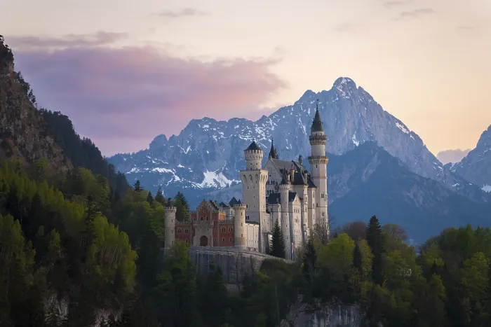 Framed Print : Fairytale Neuschwanstein Castle framed by the Alps after sunset