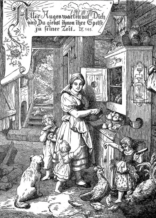 Framed Print : Family with children and pets in the kitchen