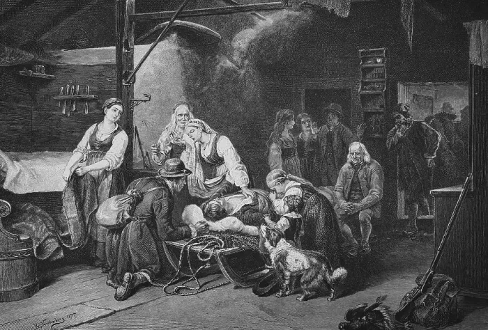 Framed Print : Family member who fell in battle is laid out at home