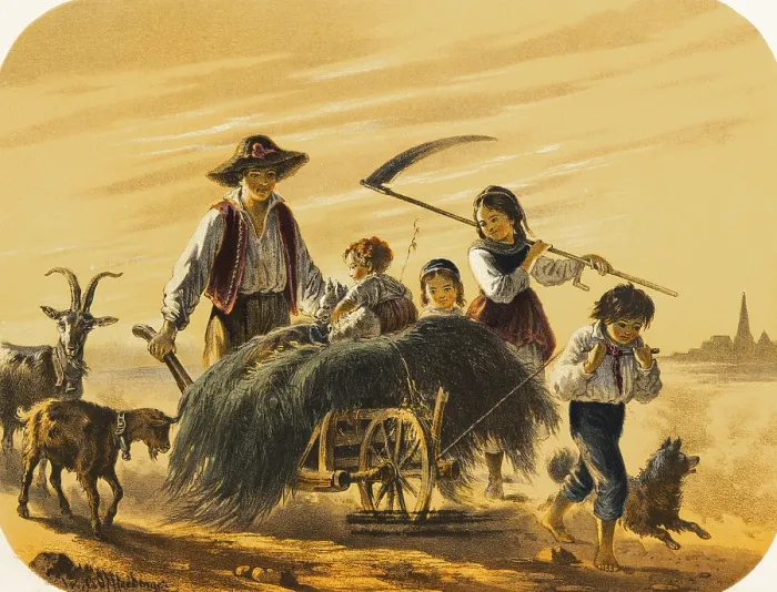 Framed Print : Family returns home with wheelbarrow full of grass Framed Print : Family returns home with wheelbarrow full of grass