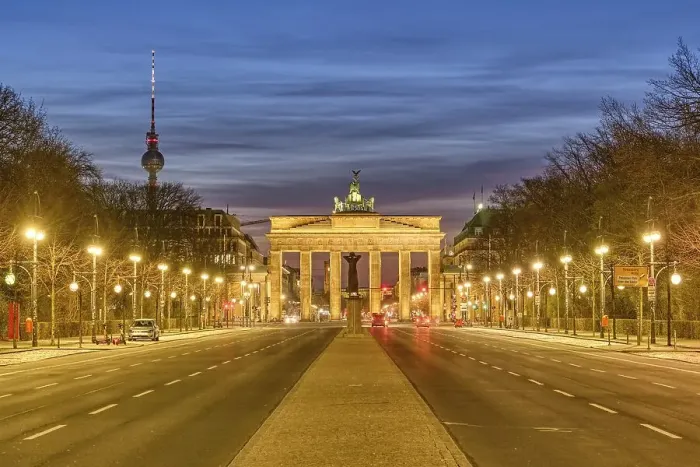 Framed Print : The famous Brandenburg Gate in Berlin with the TV tower at dusk