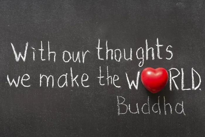 Framed Print : Famous Buddha quote interpretation handwritten on blackboard