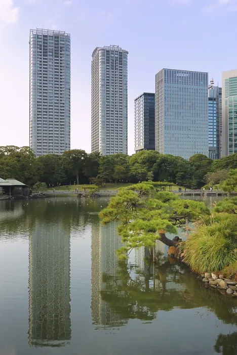 Framed Print : Very famous Hamarikyu Zen garden with tall Shiodome skyscrapers backward in Tokyo Japan Framed Print : Very famous Hamarikyu Zen garden with tall Shiodome skyscrapers backward in Tokyo Japan