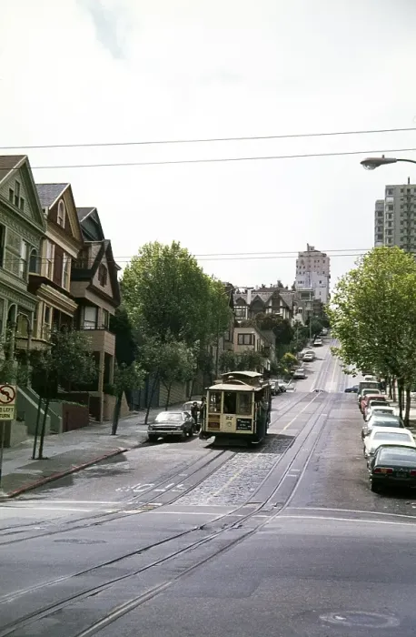 Framed Print : Famous historic cable car on the hill San Francisco, California, USA 1976