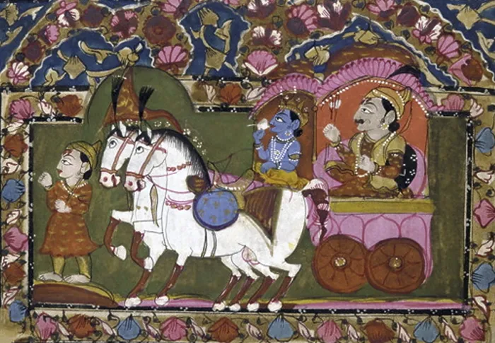 Framed Print : This famous scene from Hindu mythology features the god Krishna with his cousin