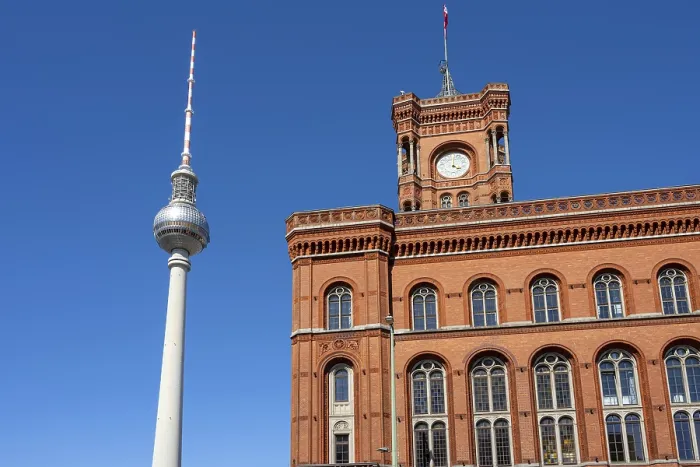 Framed Print : The famous TV Tower and City Hall in Berlin against a clear blue sky