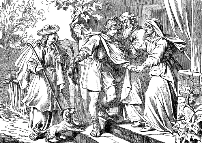 Framed Print : The farewell of Tobias, his parents give him lessons and admonitions along the way