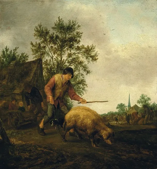 Framed Print : Farmer driving a pig to pasture