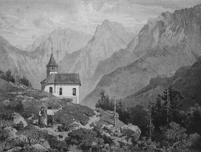 Framed Print : A farmers couple near a chapel at the Kaiser Mountains