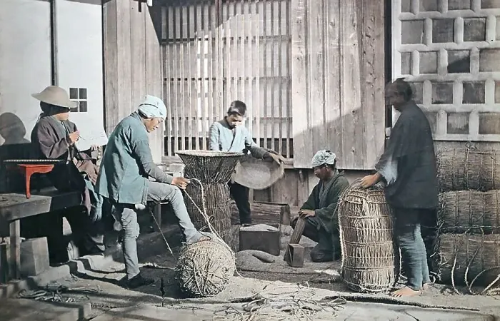Framed Print : Farmers producing rice bundles, Japan, Asia Framed Print : Farmers producing rice bundles, Japan, Asia
