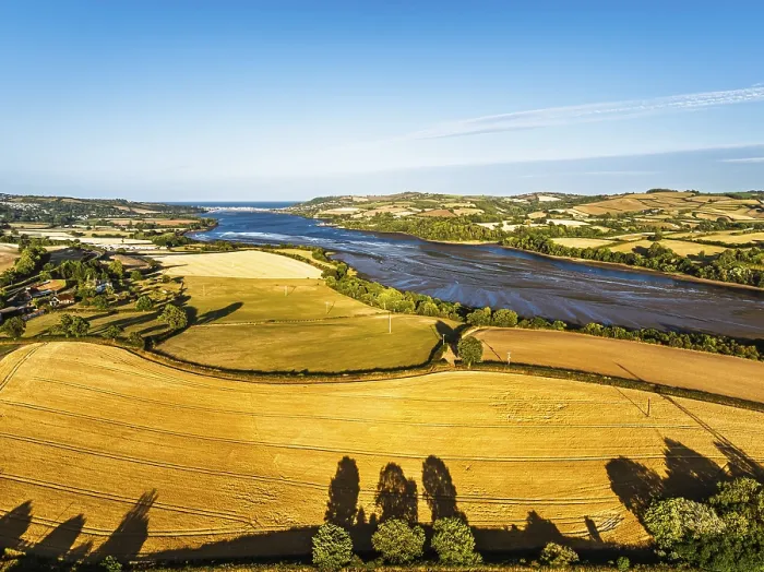 Framed Print : Farms and Fields over River Teign and Teignmouth Road from drone Framed Print : Farms and Fields over River Teign and Teignmouth Road from drone