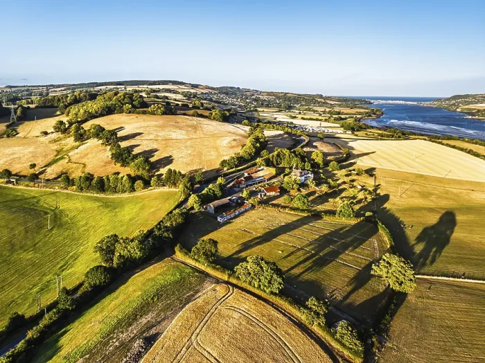 Framed Print : Farms and Fields over River Teign and Teignmouth Road from drone