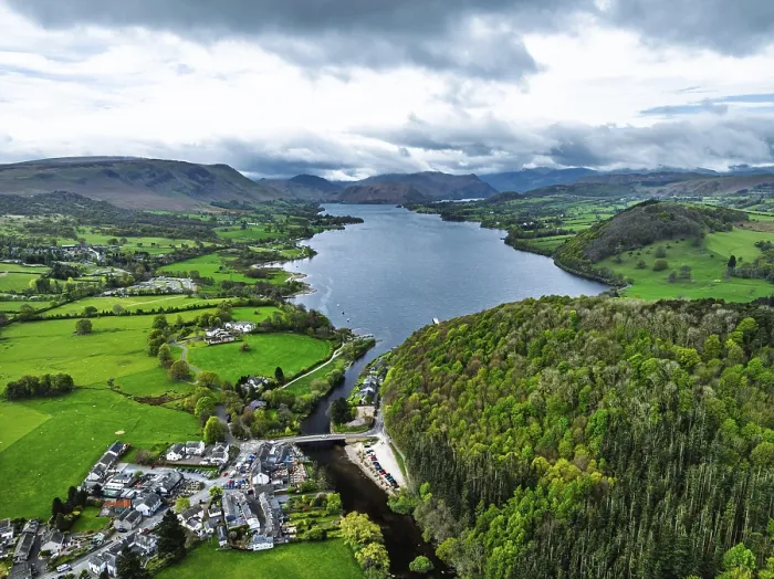 Framed Print : Farms and mountains over Ullswater Lake from drone Framed Print : Farms and mountains over Ullswater Lake from drone