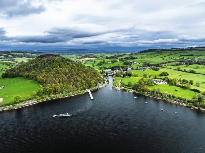 Framed Print : Farms and mountains over Ullswater Lake from drone Framed Print : Farms and mountains over Ullswater Lake from drone