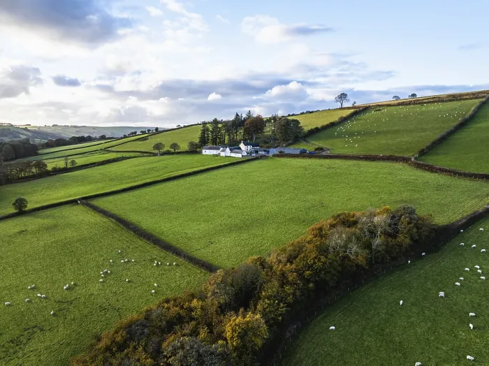 Framed Print : Farms over Trecastle from a drone at sunset Framed Print : Farms over Trecastle from a drone at sunset
