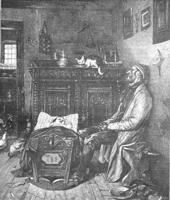Framed Print : The father fell asleep, next to him baby crying in cradle