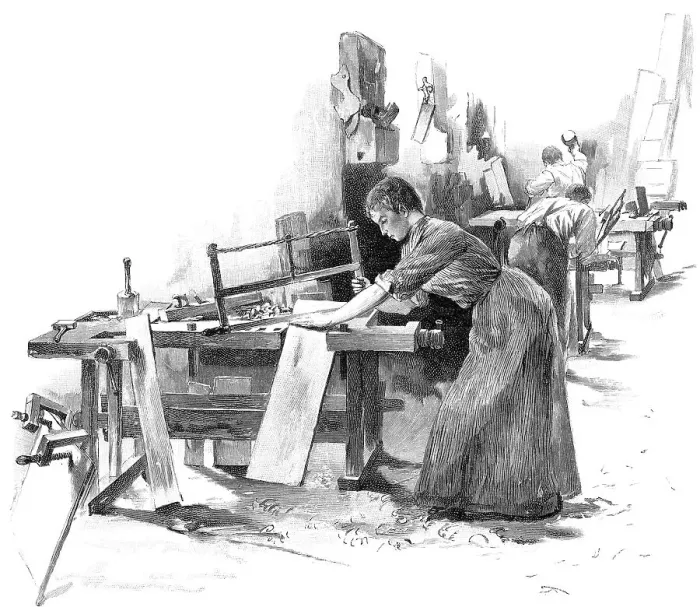 Framed Print : Female carpenter, ca. 1900, woodcut