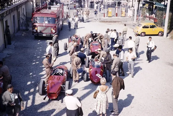 Framed Print : Ferrari Formula One Team in the paddock with shark nose Ferrari 156 F1 cars, Ferraris, Monza Grand Prix, Italy 1961 Ricardo Rodriguez car number 8