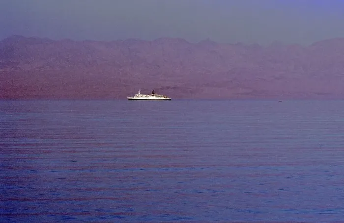 Framed Print : Ferry, Gulf of Aqaba and mountains of Saudi Arabia in the haze, Nuweiba, Sinai Peninsula, Egypt, September 1989, vintage, retro, old, historical, Africa