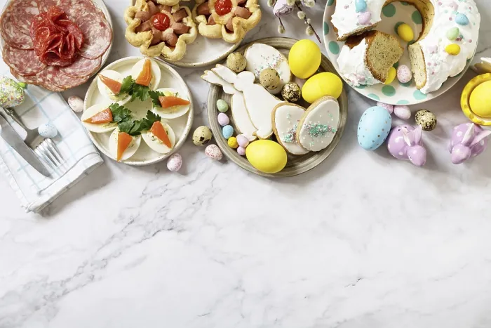 Framed Print : Festive dinner, Easter brunch. Easter table scene with an assortment of baking