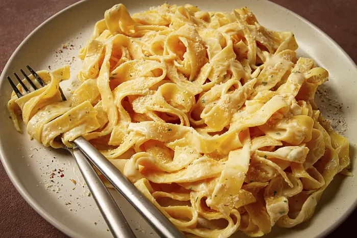 Framed Print : Fettuccine, tagliatelle, in creamy garlic sauce