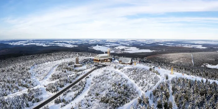 Framed Print : Fichtelberg highest mountain in the Ore Mountains in winter aerial view panorama in Oberwiesenthal
