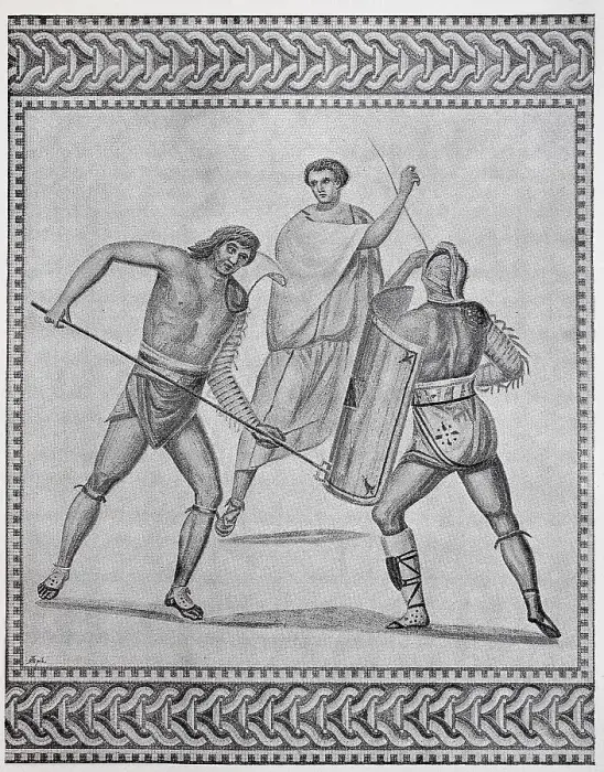 Framed Print : Fight of the gladiators, Retarius fights with the secutor under the supervision of the fencing master