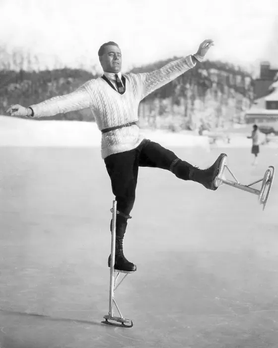Framed Print : Figure skater on stilts, ca. 1935 Framed Print : Figure skater on stilts, ca. 1935