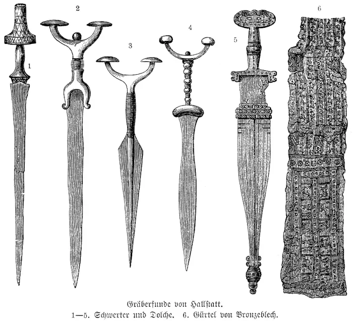 Framed Print : Finds with ornamentation from graves of the Hallstatt cemetery, swords and daggers (1-5), bronze belt (6), bronze ore, archaeology of the Early Stone Age or Hallstatt culture, Salzkammergut, history of mankind, Austria, historical illustration 1880 Framed Print : Finds with ornamentation from graves of the Hallstatt cemetery, swords and daggers (1-5), bronze belt (6), bronze ore, archaeology of the Early Stone Age or Hallstatt culture, Salzkammergut, history of mankind, Austria, historical illustration 1880