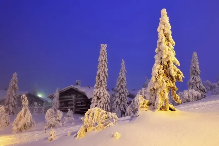 Framed Print : Finnish log cabin in the snow-covered landscape