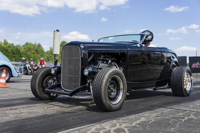 Framed Print : FINOWFURT, GERMANY - JUNE 28, 2024: The custom hot rod on the racing line