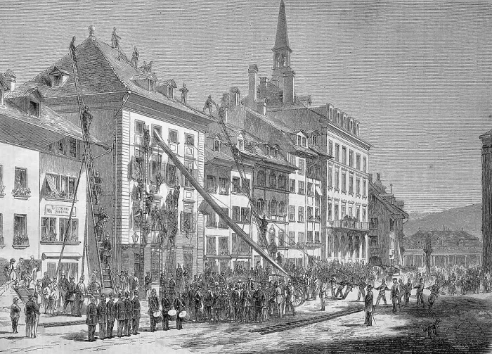 Framed Print : The fire brigade of the city of Bern in Switzerland during an exercise