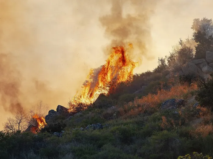 Framed Print : Fire in the Dehesa in the cork oak forest