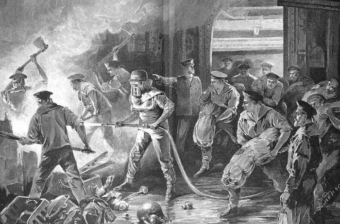 Framed Print : Fire on a merchant ship, the sailors trying to extinguish the fire Framed Print : Fire on a merchant ship, the sailors trying to extinguish the fire