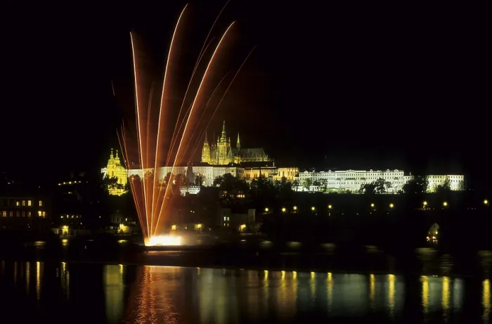 Framed Print : Fireworks at Moldau River in front of Prague Castle with the St Framed Print : Fireworks at Moldau River in front of Prague Castle with the St