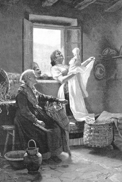 Framed Print : The first-born, mother proudly holding up the baby