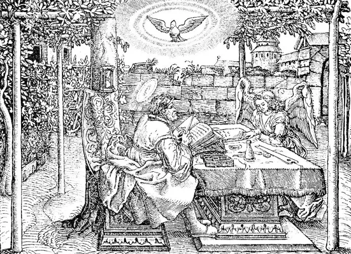 Framed Print : First illustration from Luther's 1534 translation of the New Testament, Evangelist with halo, magnificent garden, outdoors, table with tools, Bibles, angels, castle in the background, sunbeams, light, historical illustration 1883