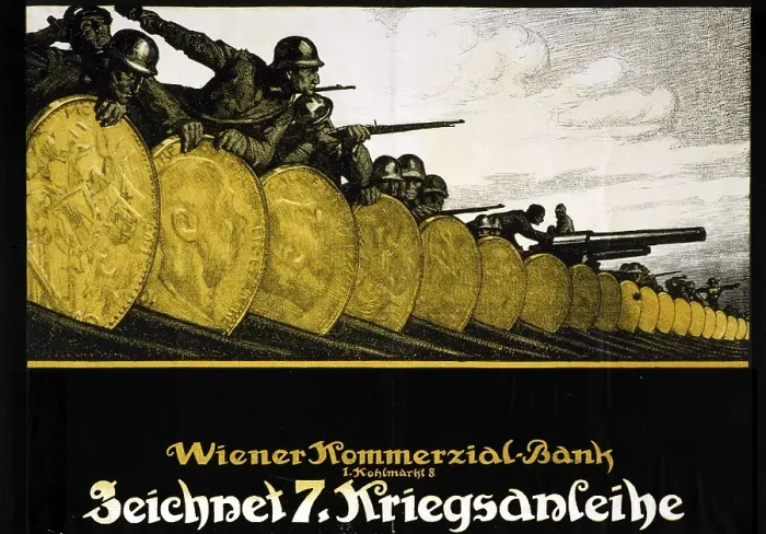 Framed Print : First World War 1914-1918. drawing of the 7th war bond of the Vienna Commercial Bank. Austrian poster showing soldiers and their weapons behind a gold barricade, 1917. government bonds Framed Print : First World War 1914-1918. drawing of the 7th war bond of the Vienna Commercial Bank. Austrian poster showing soldiers and their weapons behind a gold barricade, 1917. government bonds