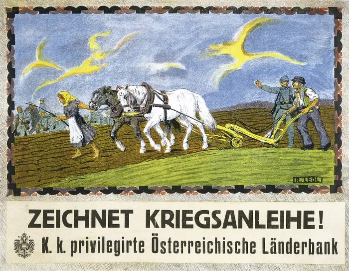 Framed Print : First World War 1914-1918: Farmer and his woman ploughing with two horses. A soldier talks to the farmer and points to soldiers in the distance. Text: Sign the war bond, Austrian poster 1918. Agriculture