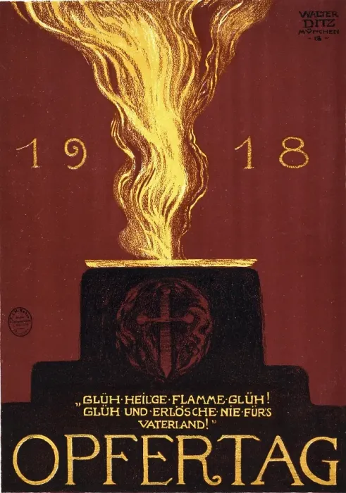 Framed Print : First World War 1914-1918, Germany's defeat. Day of Sacrifice, 1918: German poster showing an altar with a cross in the shape of a dagger and imploring the sacred flame to burn brightly for the Fatherland forever