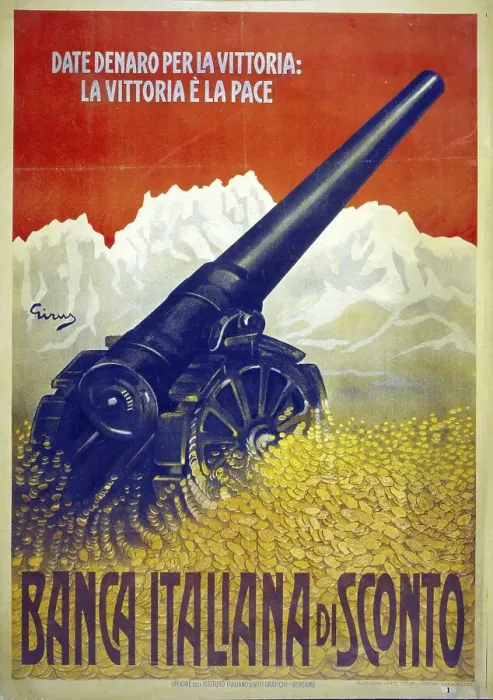 Framed Print : First World War 1914-1918: Italian poster with a cannon in a gold coin Framed Print : First World War 1914-1918: Italian poster with a cannon in a gold coin