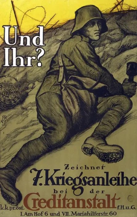 Framed Print : First World War 1914-1918: Soldier in a trench with a grenade in his hand, about to jump over the top. Text: And you? Sign the 7th war bond. Austrian poster 1917, government bonds, propaganda Framed Print : First World War 1914-1918: Soldier in a trench with a grenade in his hand, about to jump over the top. Text: And you? Sign the 7th war bond. Austrian poster 1917, government bonds, propaganda